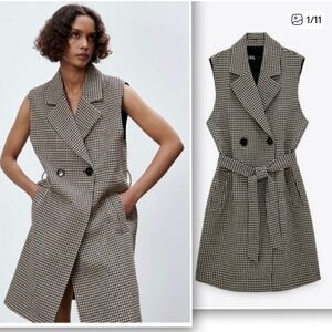 Zara LONG GINGHAM VEST - sand / black Bloggers favorite